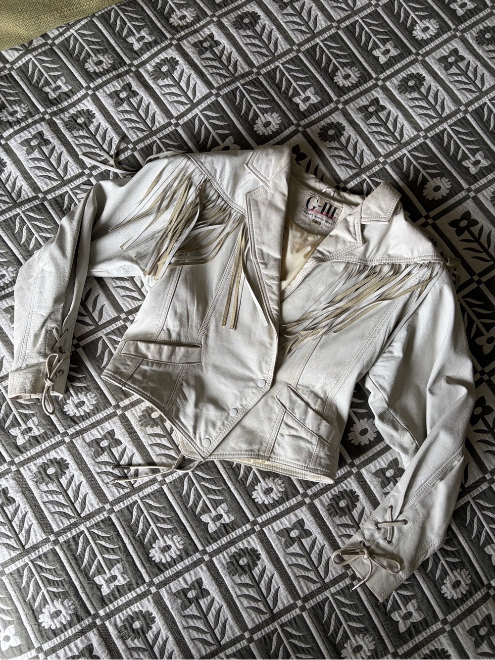 GIII White Leather Fringe Cropped Jacket
